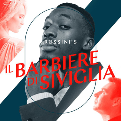 Red and blue image of man and woman looking in opposite directions and one main looking dramatically at the camera with the words "Rossini's Il Barbiere Di Sivigila" across the image